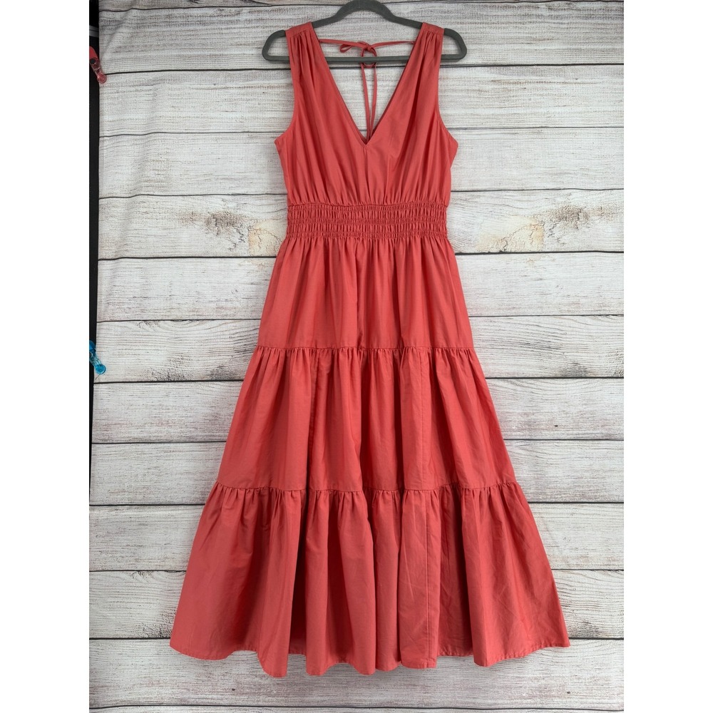 Maeve Anthropologie Maxi Dress Women Size 6 Coral Tiered Smocked V-Neck Cotton - Picture 2 of 9